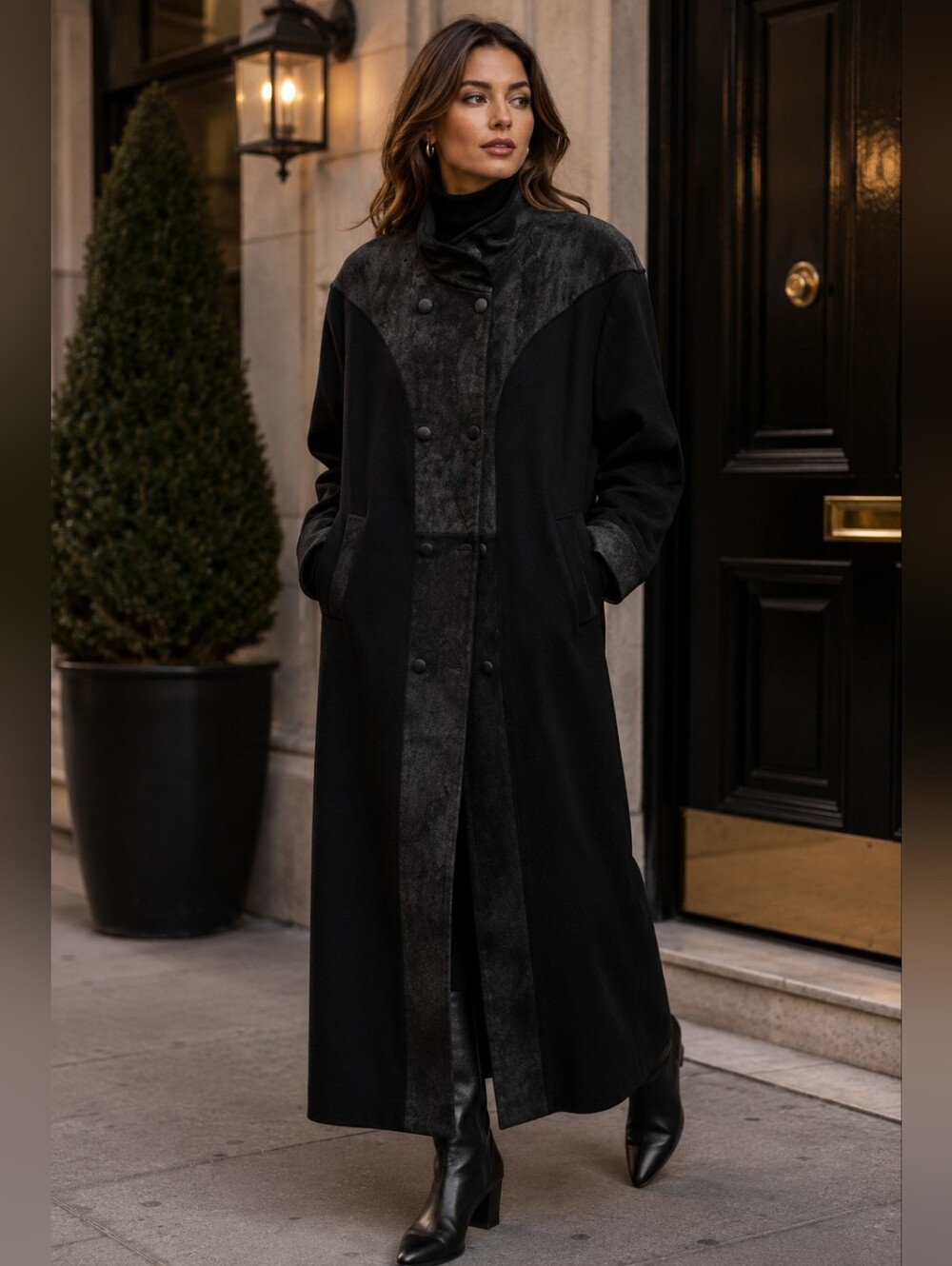 80's Full Length Vintage Black Wool Coat With Suede Patterned Design ✨🫰🏾